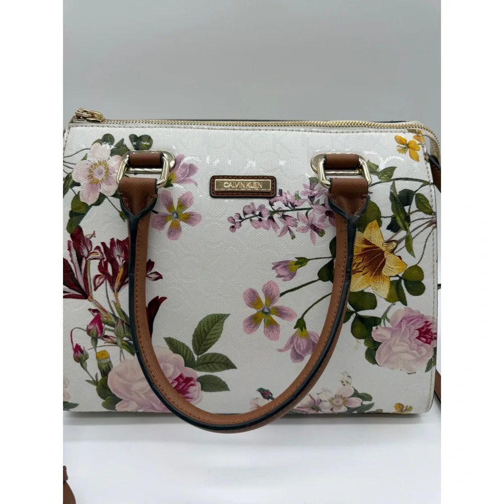 Calvin Klein Floral Logo Satchel Handbag White Crossbody Bag Gold‎ Hardware